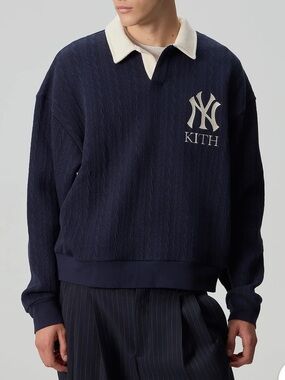 Kith x Yankees Navy Crewneck Sweatshirt with Cream Contrast Collar